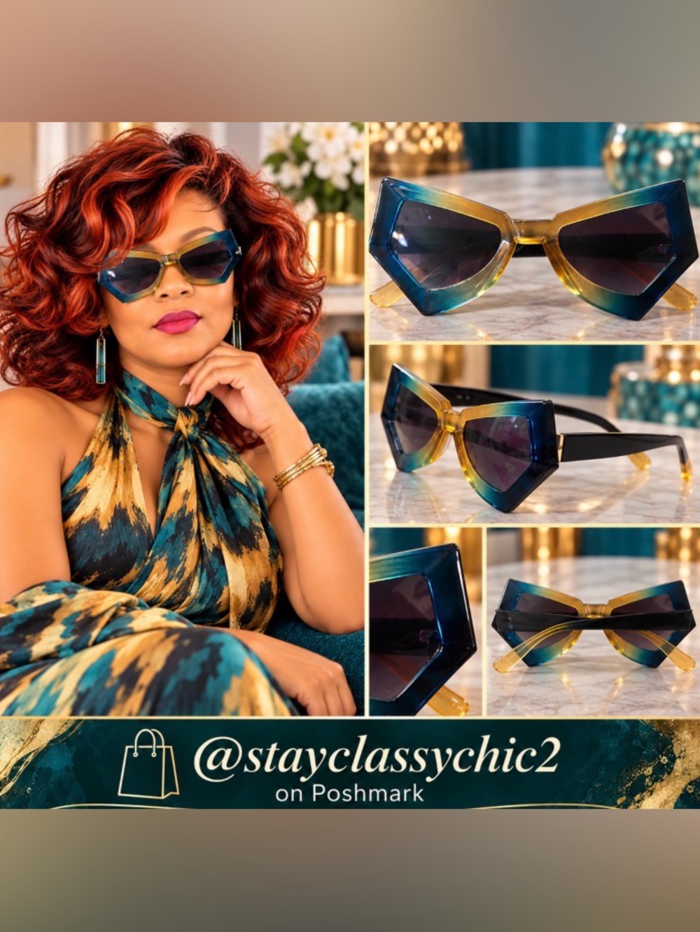 Cat-Eye Gradient Sunglasses - Teal & Gold